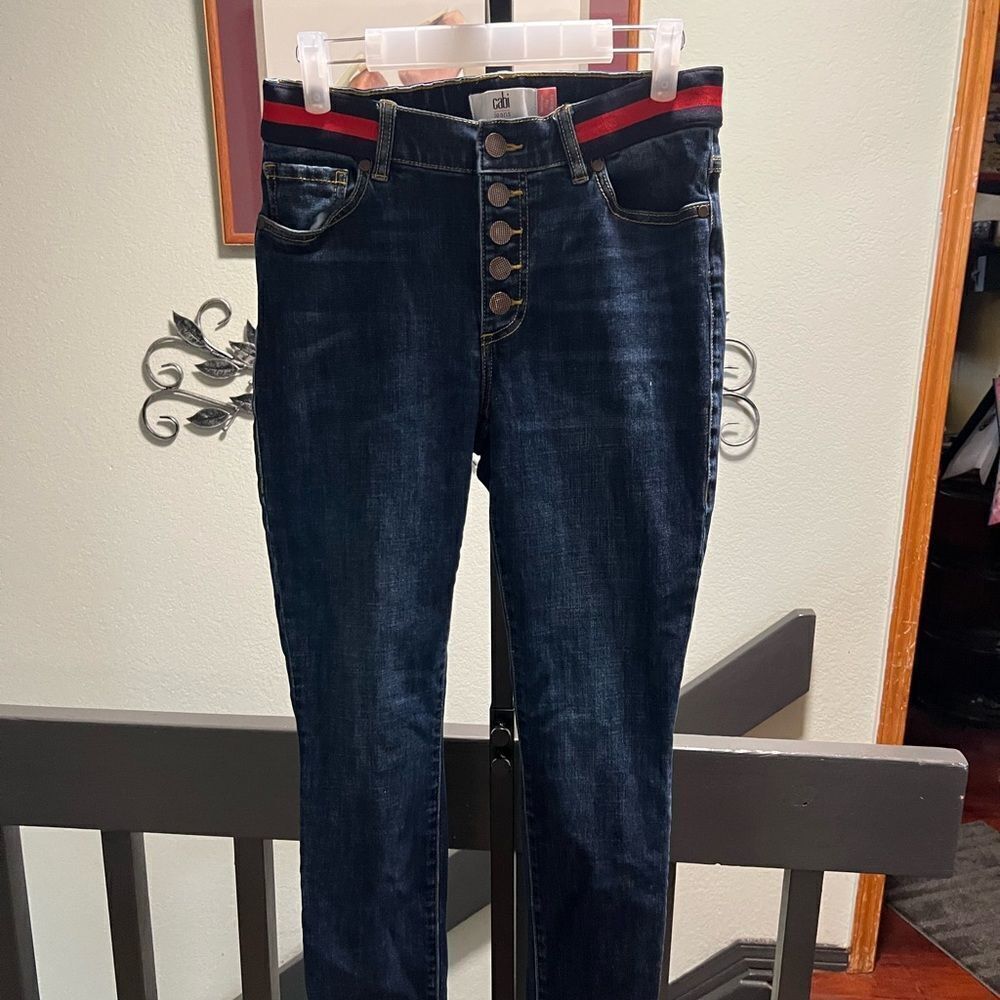 EUC Cabi Button Fly Size 4 Skinny Blue Jeans Red Stripe #JTA007